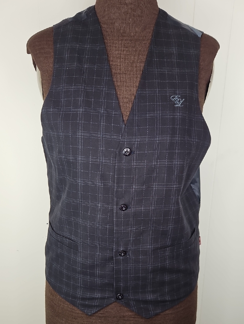 Men's Size L English Laundry Vest Waistcoat Button Up Navy Blue Plaid Pendleton